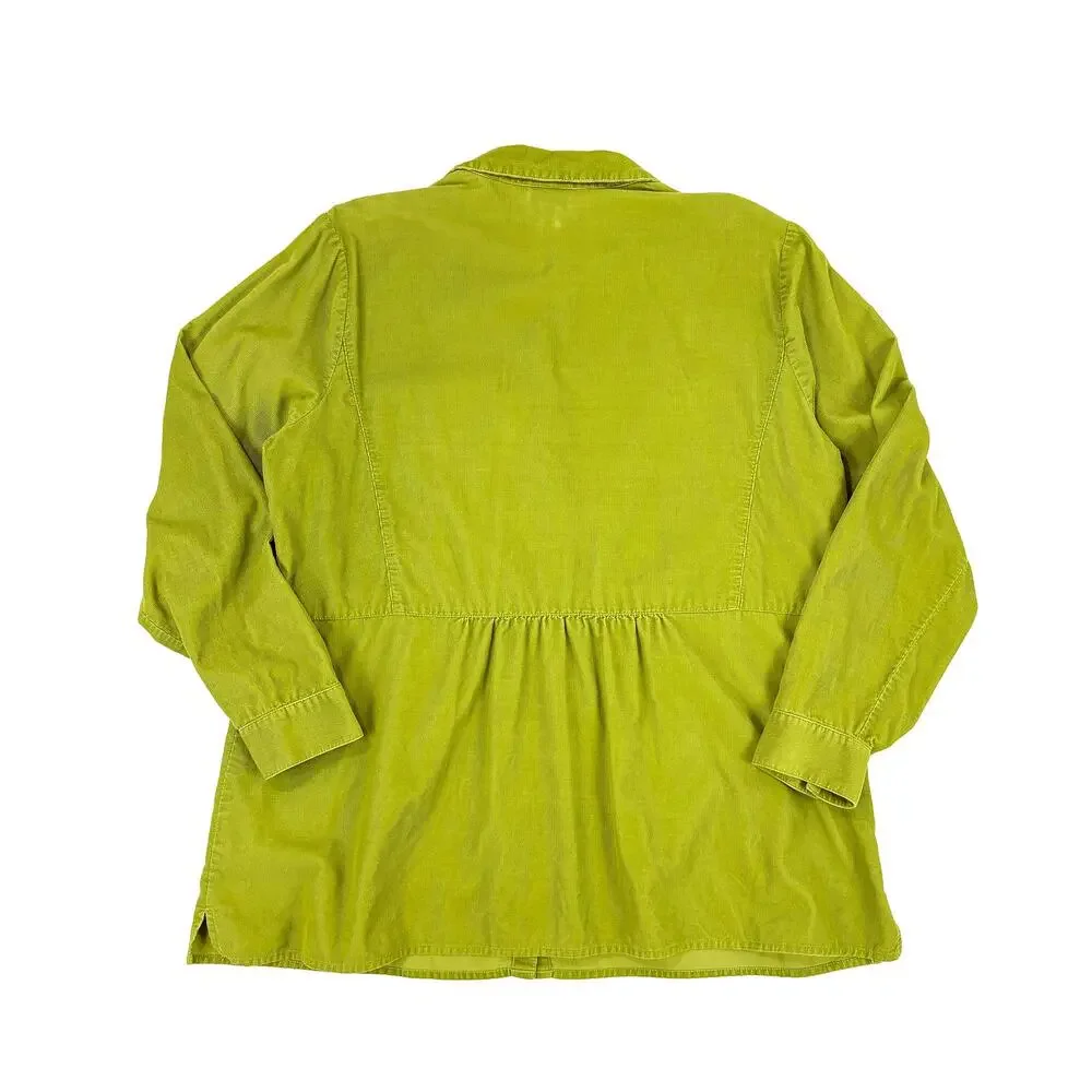 J Jill Corduroy Tunic Button Down Shirt Womens L Chartreuse Green Lightweight